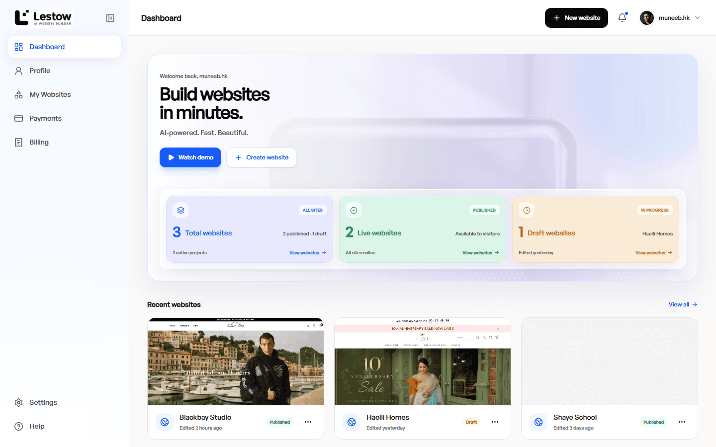 Lestow AI website builder dashboard